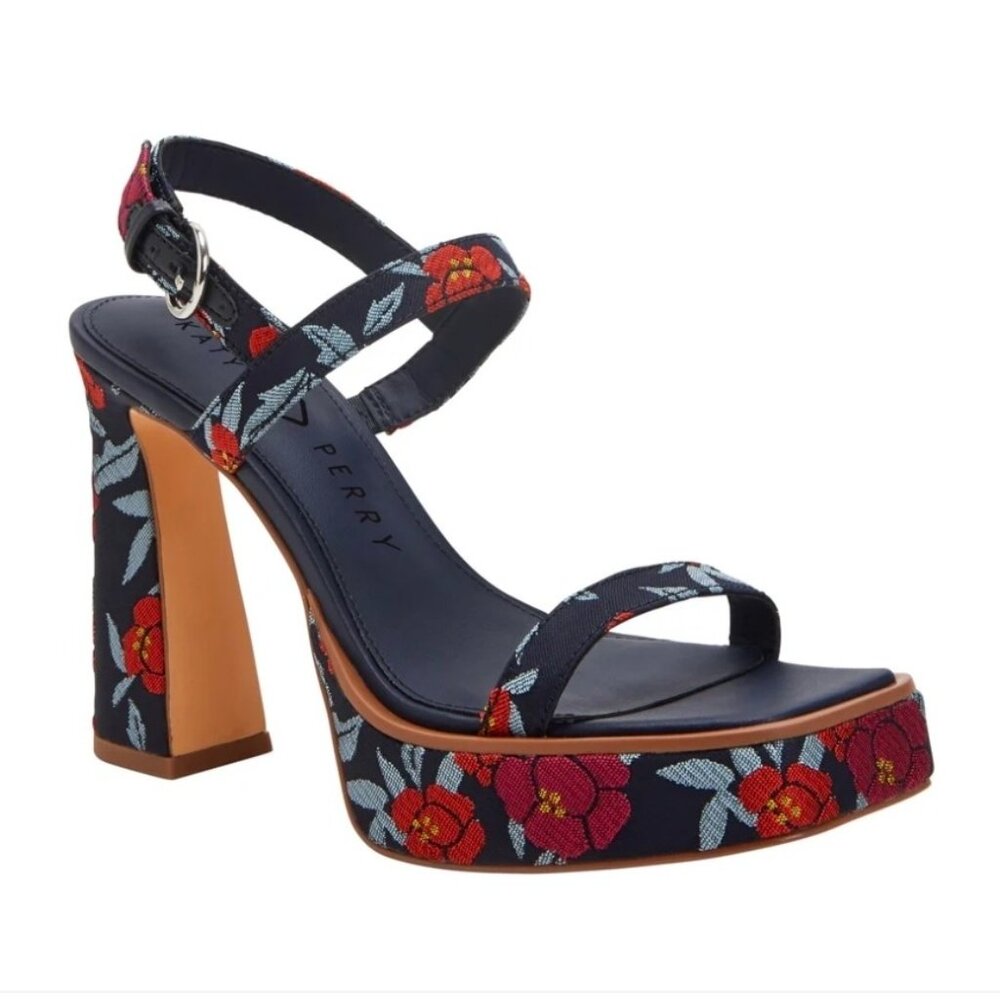 Katy Perry Collections Steady Sandal 9.5 39.5 Navy/Red Floral Platform Heel NIB